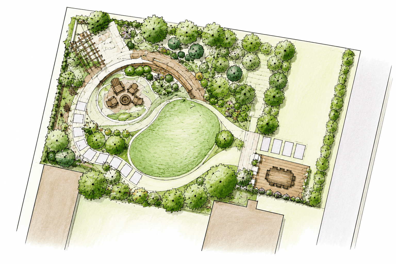 A top‑down landscape plan showing a circular pool, surrounding pathways, a central fire pit with chairs, a wooden deck area, and lush planted borders and trees.