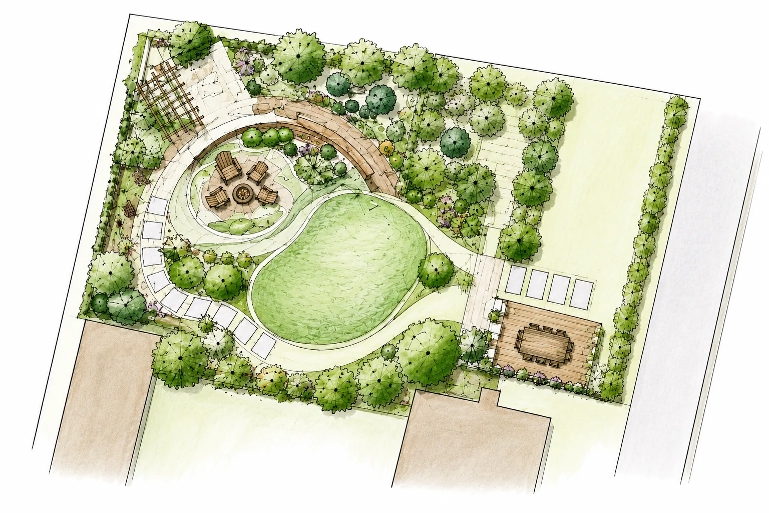 A top‑down landscape plan showing a circular pool, surrounding pathways, a central fire pit with chairs, a wooden deck area, and lush planted borders and trees.