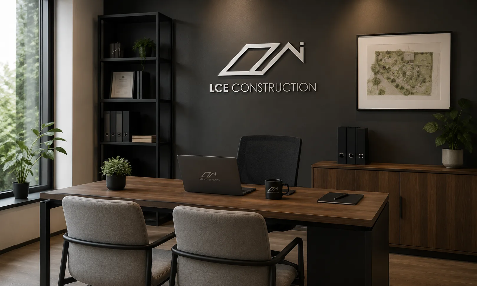 Modern office with LCE Construction logo on a dark wall behind a wooden desk and laptop.