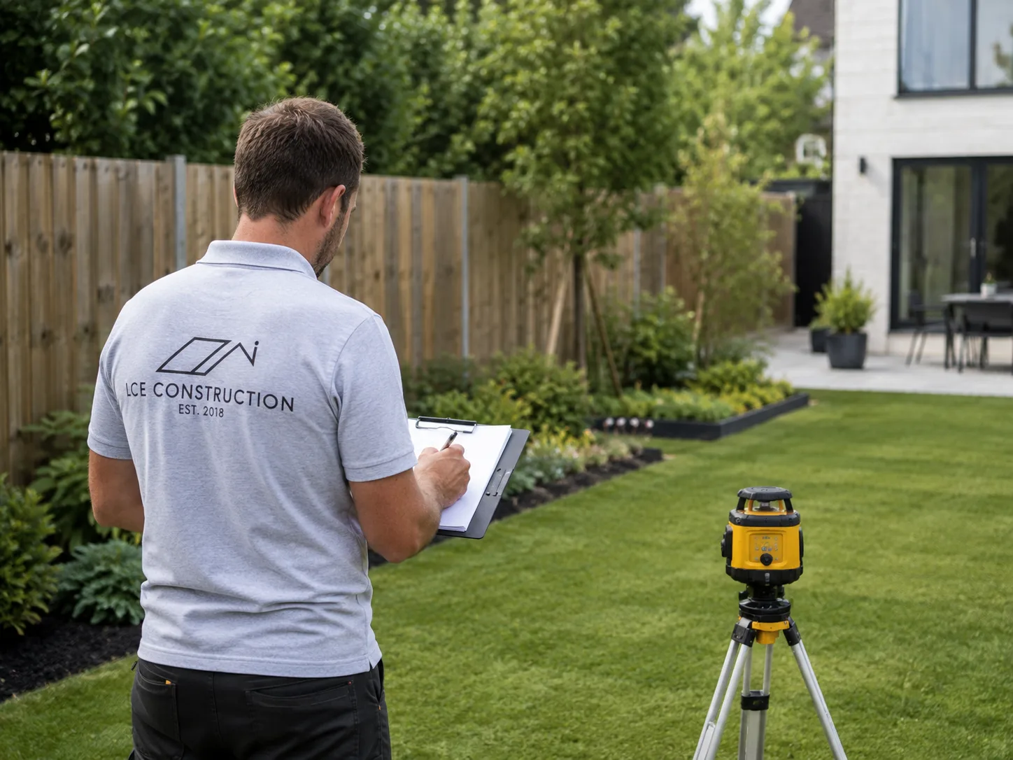Construction worker in a gray polo holding a clipboard in a backyard, surveying with a tripod-mounted instrument nearby.