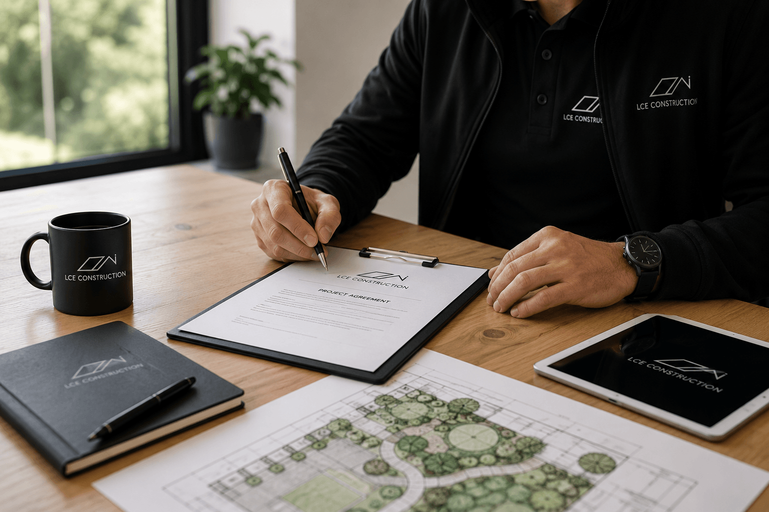 Person in black LCE Construction apparel signs a project agreement on a clipboard at a wooden desk with blueprints and a tablet nearby