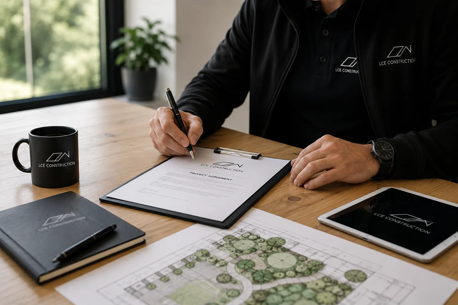 Person in black LCE Construction apparel signs a project agreement on a clipboard at a wooden desk with blueprints and a tablet nearby