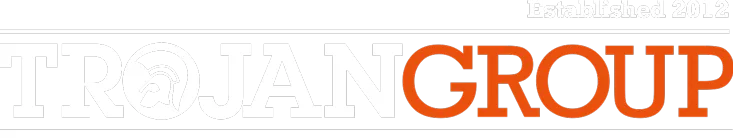Brand logo for Trojan Group with 'TROJAN' in white and 'GROUP' in orange, featuring a circular emblem inside the 'O'.