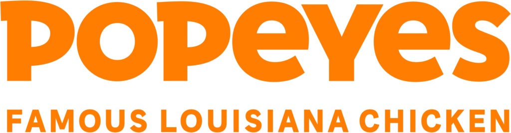 Popeyes logo with the orange 'POPEYES' wordmark and the tagline 'FAMOUS LOUISIANA CHICKEN'.