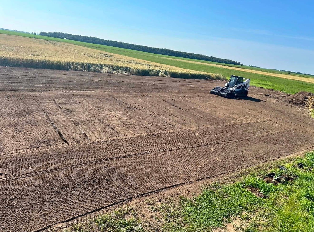 Compact track loader working on a freshly graded dirt field, with green fields and blue sky in the background.