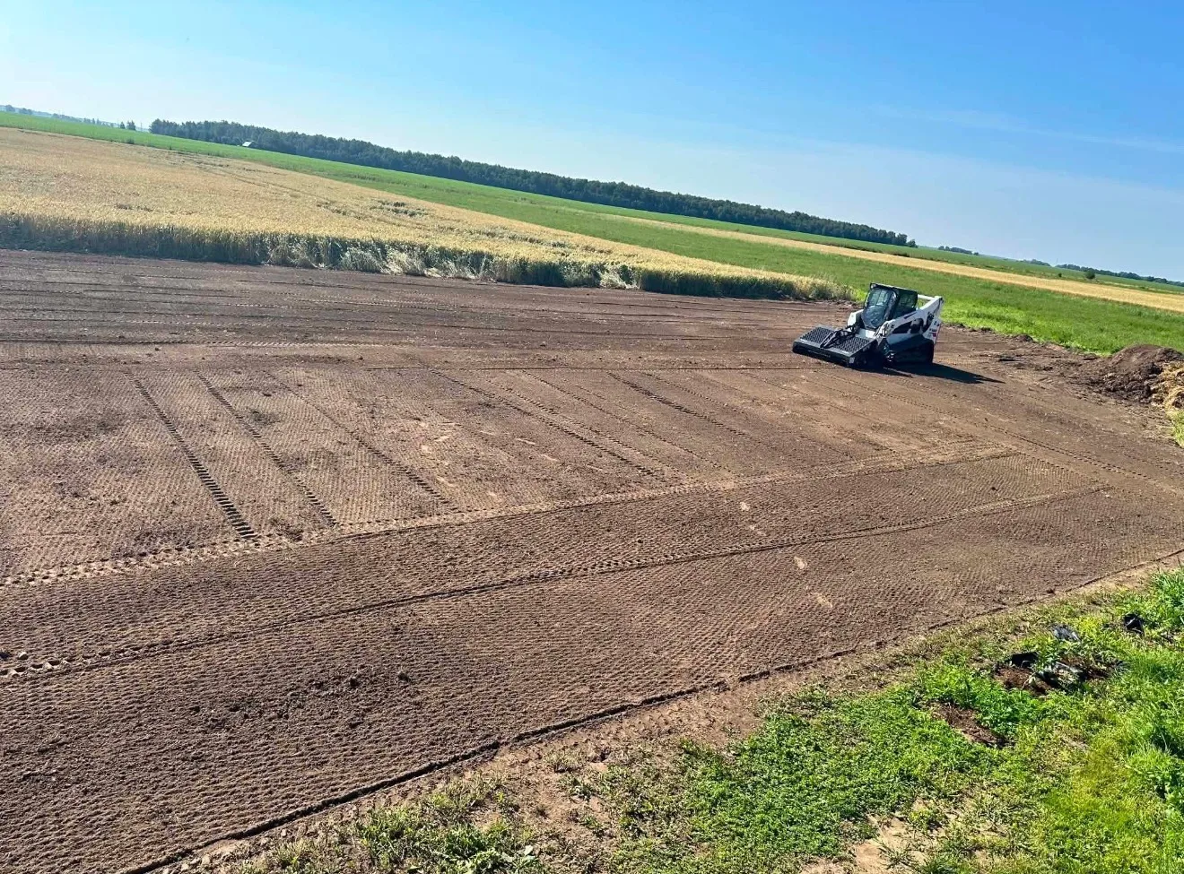 Compact track loader working on a freshly graded dirt field, with green fields and blue sky in the background.