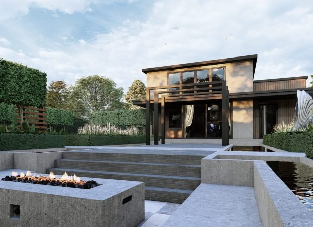 Modern house with large glass doors, timber accents, and a tiered concrete patio featuring rectangular fire pits in a landscaped yard.